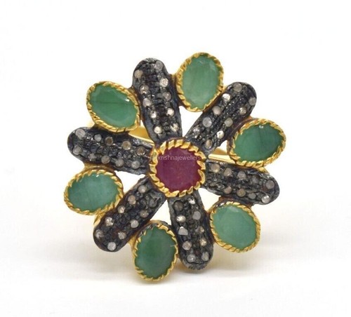 Ruby With Emerald Cocktail Ring  925 Silver Slice Diamond Handmade Floral Ring