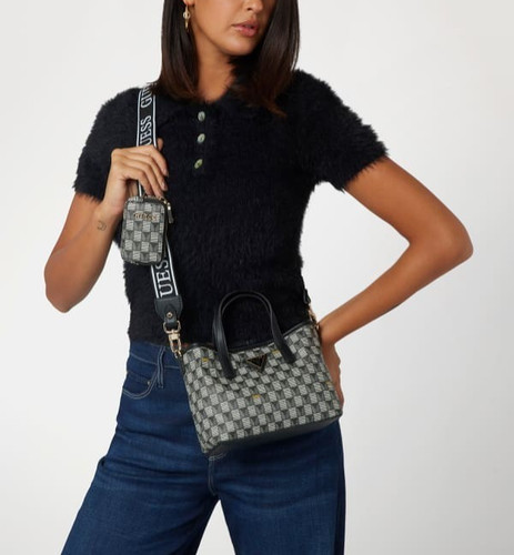 Guess G Wave Small Crossbody Tote Removable Pouch Logo Black Gray Silver