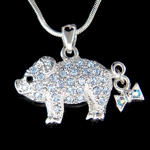 Blu Maiale Maialino IN Swarovski Cristallo Amante Collana Ciondolo Nuovo Carino