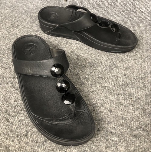 FitFlop 476 090 PETRA Black Jewel Leather Flip Flop Toning Sandals Womens Sz 8