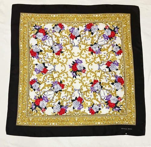 DIOR Christian Garets Paris Silk Scarf Red Blue Purple Roses G Filigree 33" x 34"