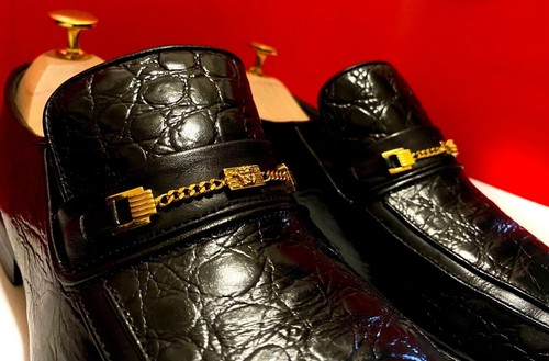 $1049 00!! MOCASSINI DI LUSSO DA UOMO VERSACE IN PELLE NERA COCCODRILLO TAGLIA 40