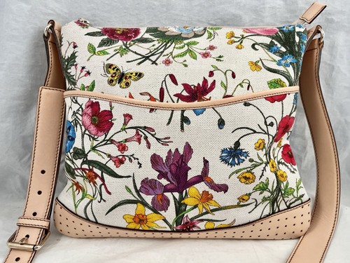 GUCCI Flora Crossbody Messenger Bag Canvas Beige Cream