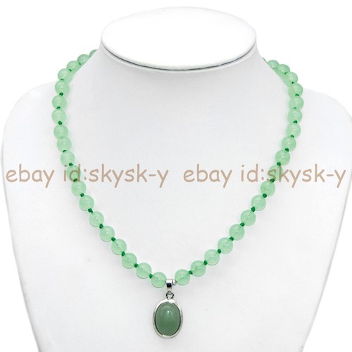 Natural 8mm Light Green Jade Round Gemstone Beads Oval Pendant Necklace 18''