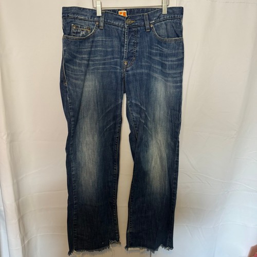 HUGO BOSS Boss Orange Men Jeans 34x34 Button Fly Distressed Raw Hem Straight Fit Y2K Denim