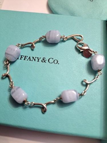 Tiffany &Co Blue/Silver Lace Agate Twist Rare 7" Bracelet Full Assay...