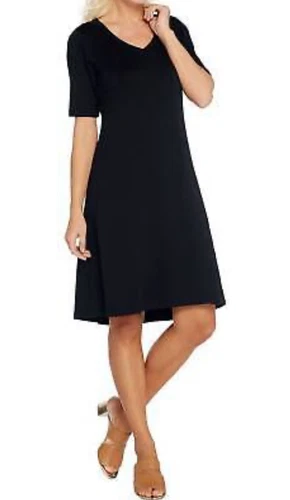 Isaac Mizrahi Essentials Pima Cotton V Neck T Shirt Dress BLACK Small