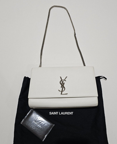 SAINT LAURENT (YSL) Borsa media Saint Laurent YSL bianca Grain De Poudre con ferramenta argento