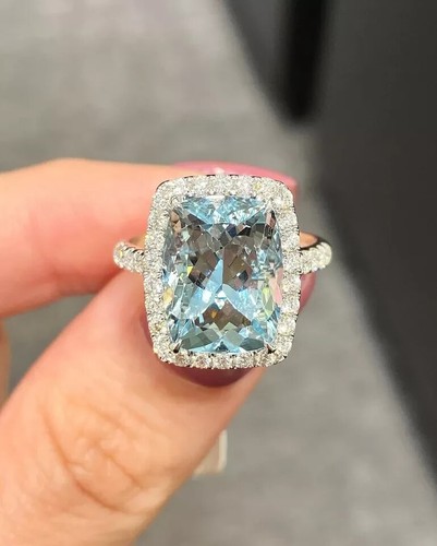 5.51 Ct Cushion Cut Natural Aquamarine Diamond Wedding Ring 950 Platinum Size 7