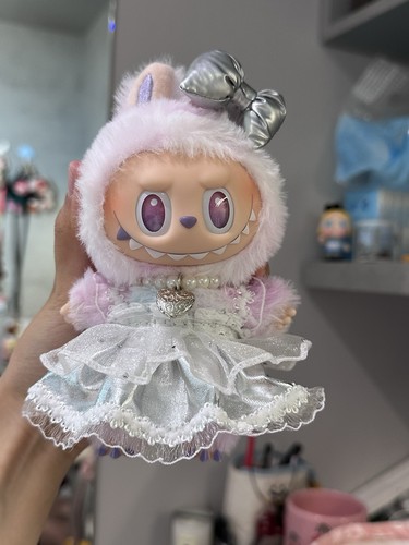 VETEMENTS Cute Labubu Doll Dress Outfit   Bunny + Shiny White Skirt + Pearl Heart Charm