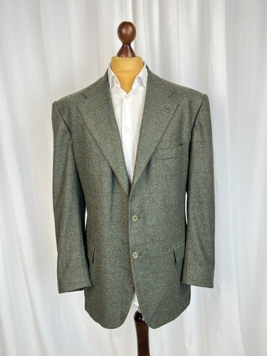 KITON NAPOLI Olive Green Windowpane Check 100% Cashmere Sport Coat 47US 57IT Reg