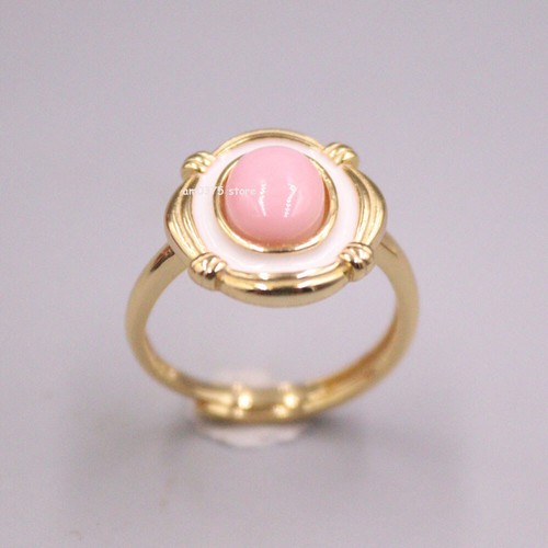 Gold Plated Real 925 Sterling Silver Pink Shell Round Gemstone Ring US 7.5