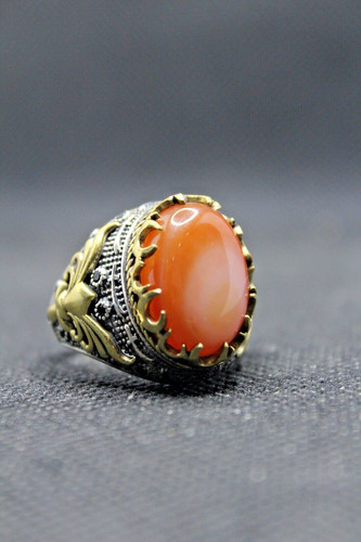 Orange Agate Stone 925 Sterling Silver Men's Ring Turkish Master Made Ring