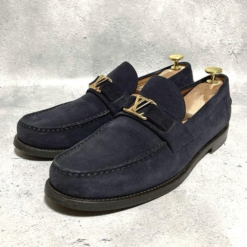 Louis Vuitton Loafers Shoes LV Black Navy Suede Leather Size 6 US About7 For Men