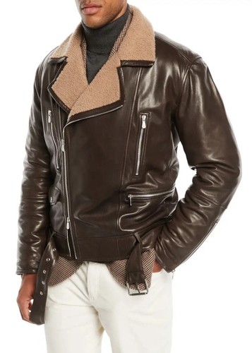 Brunello Cucinelli Brown Shearling Leather Biker Jacket   M US 50EU   MSRP $7995