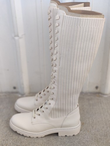 Stivali alti 16" Sam Edelman Lila donna taglia 7 M crema pelle tessuto stringati