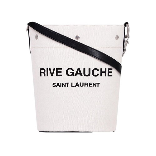 SAINT LAURENT (YSL) Borsa a secchiello Saint Laurent Rive Gauche in lino con bordo in pelle nera NUOVA