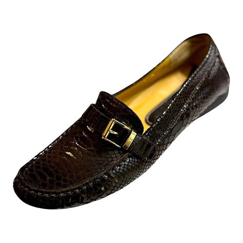 VANS Van Eli Brown Leather Driving Loafers Size 7 Snakeskin Embossed G Buckle Flat