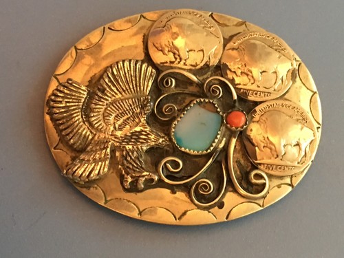 SQUAW WRAP WESTERN NATIVE AMERICAN INDIAN TURQUOISE BUFFALO NICKEL BELT BUCKLE
