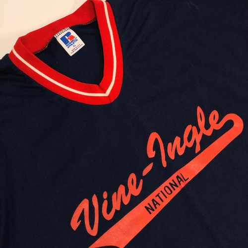 Vtg 70's Russell Athletic Vine Ingle Little League Baseball Jersey V Neck RINGER