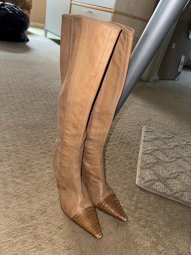 Stivali alti vintage CHANEL pelle scamosciata marrone chiaro 38 5 tacco legno