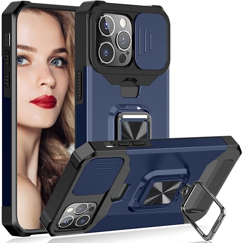 Military Grade All In One Ring Stand Card Case for iPhone 13 Pro   Navy Blue