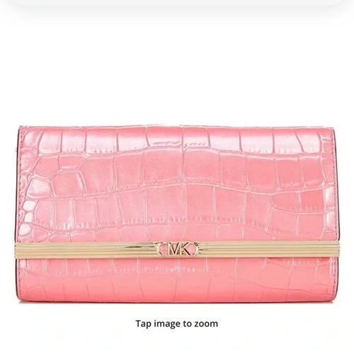 Michael Kors Mona Large East West Pink Camila Rose Croco Embossed Leather Clutch