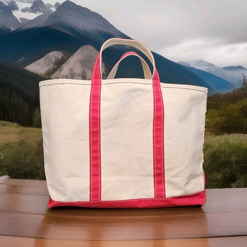 Vintage LL Bean Boat and Tote XL Extra Large Canvas Bag Ivory   Red Classic 80s