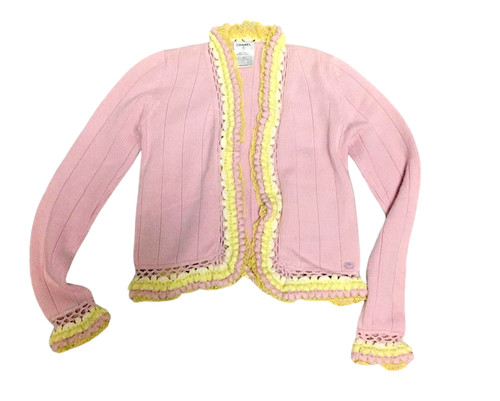 CHANEL Cashmere Cardigan Jacket Women Size 36 Lace Pink Yellow