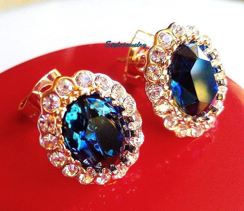 Rose G Fill Made with Swarovski Crystal Oval Blue Sapphire Stud Earring IE92