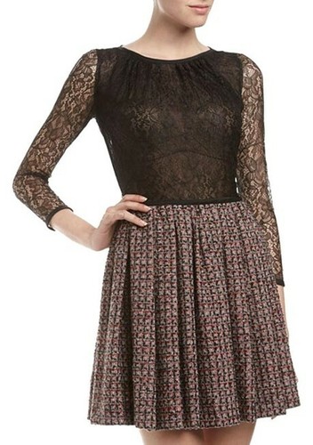 Abito ROSSO VALENTINO nero pizzo e tweed gonna plissettata TG 46