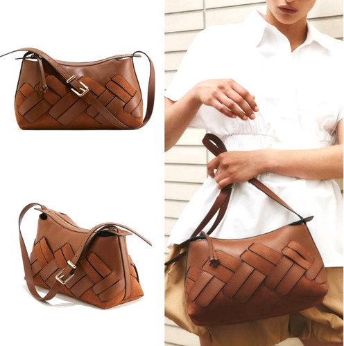 Borsa a tracolla H&M marrone 1290236001 in tessuto rivestito e snodato chiusura superiore con zip