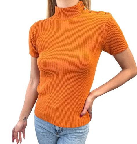 Maglione CHANEL Vintage CC Logo Maglia a Coste #40 Finto Collo Bottone Lana Arancione
