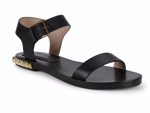 Stuart Weitzman Rosewood Embellished Leather Flat Ankle Strap Sandals Black Sz 8