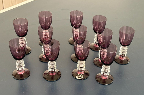VTG GLASTONBURY LOTUS #971 AMETHYST GLASS ART DECO CORDIAL GLASSES SET OF 12