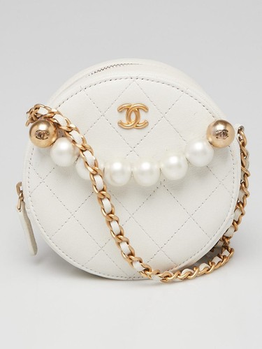Chanel White Quilted Lambskin Leather Pearl Round Clutch with Chain Bag