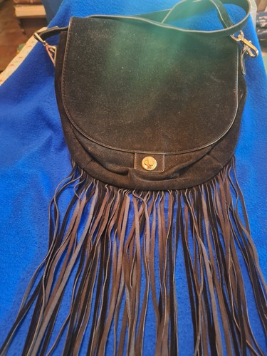 H&M Borsa a tracolla H M borsa donna frange boho hippie wear western NERA finta CAMOSCIO