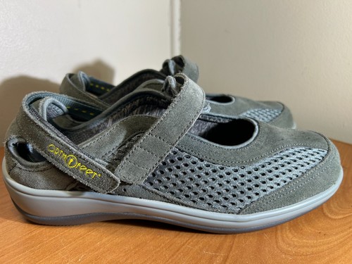 Orthofeet Sanibel Mary Jane Shoe Women 8 (Wide) Leather Gray Orthopedic Flat