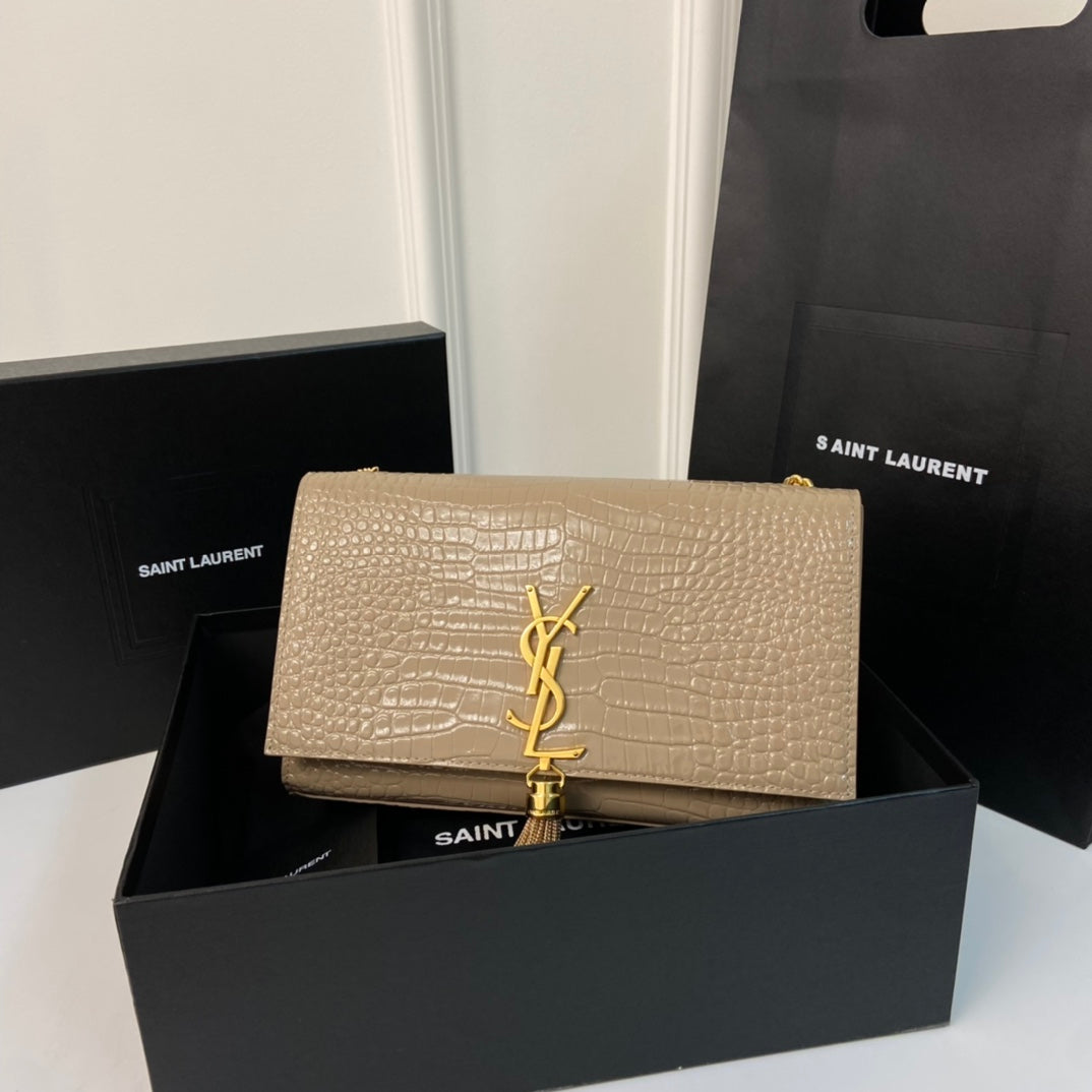 YSL BAG KATE TASSEL 24 CROCODILE PATTERN CALFSKIN BEIGE CREAM WITH GOLD LOGO