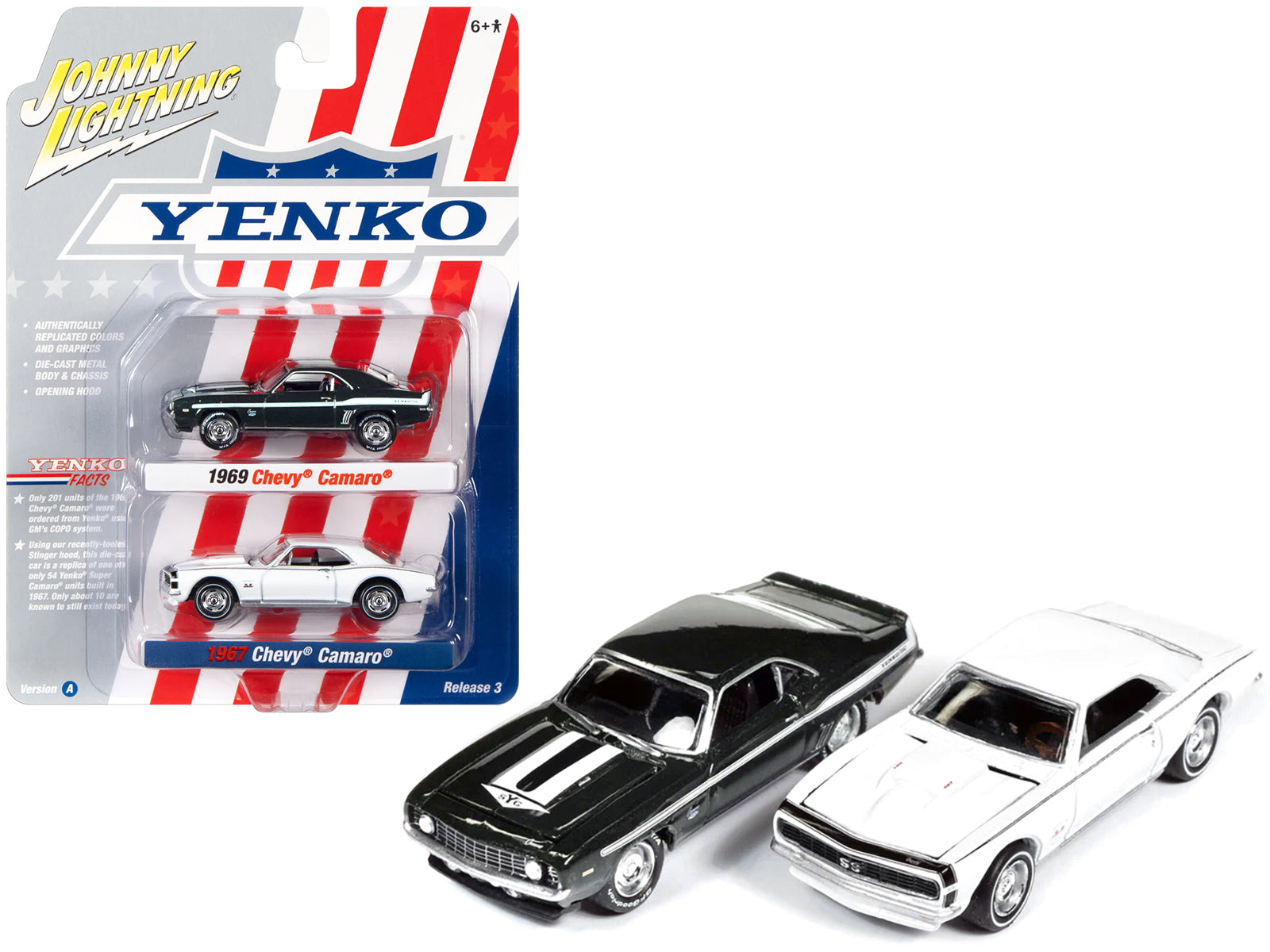 2736 1969 Chevrolet Camaro Fathom Green Metallic with White Stripes and 1967 Chevrolet Camaro White with Black Nose Stripe "Yenko" Series Set of 2 Cars 1 64 Diecast Model Cars by Johnny Lightning