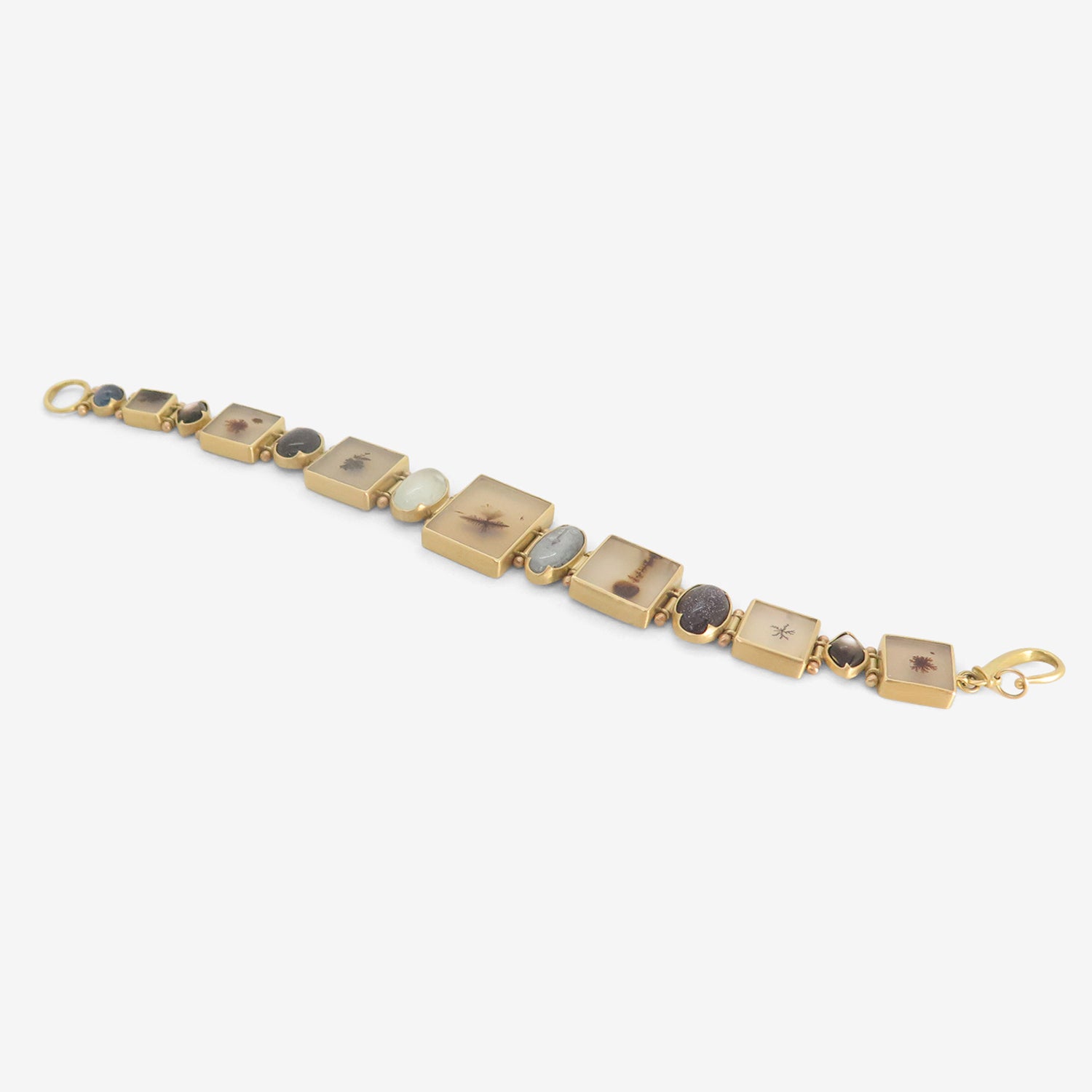 GABRIELLA KISS ONE OF A KIND SQUARE DENDRITE BRACELET WITH AQUAMARINE  SAPPHIRE  KYANITE  MOTHER OF PEARL & GOLDSTONE