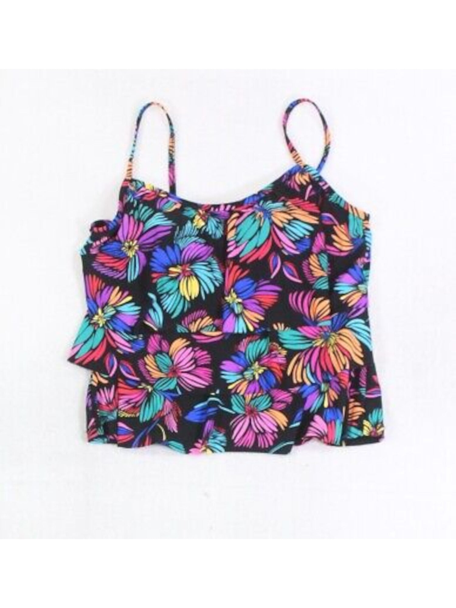 SWIM SOLUTIONS Women's Multi Color Floral Stretch Full Bust Support Triple Tiered Molded Cup Scoop Neck Tankini Swimsuit Top
