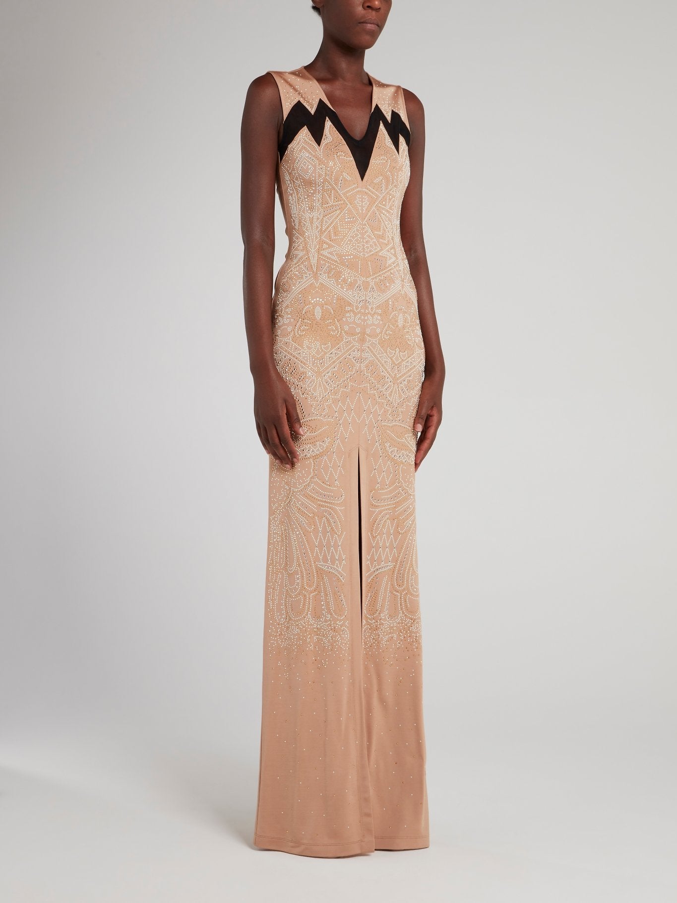 JUST CAVALLI Beige Geometric Studded Slit Dress