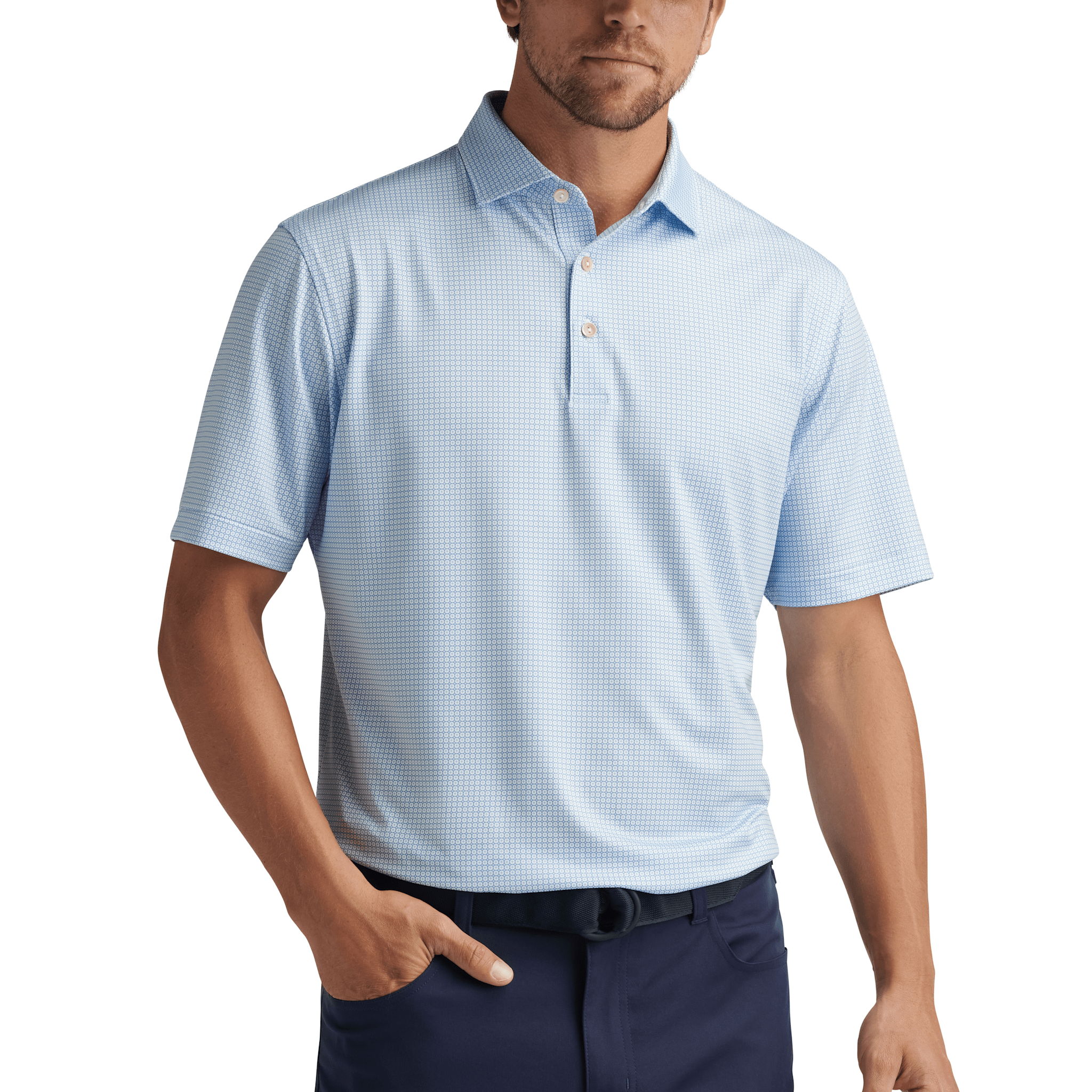 Peter Millar Men's Orbit Performance Jersey Polo Shirt   White Sailor Blue