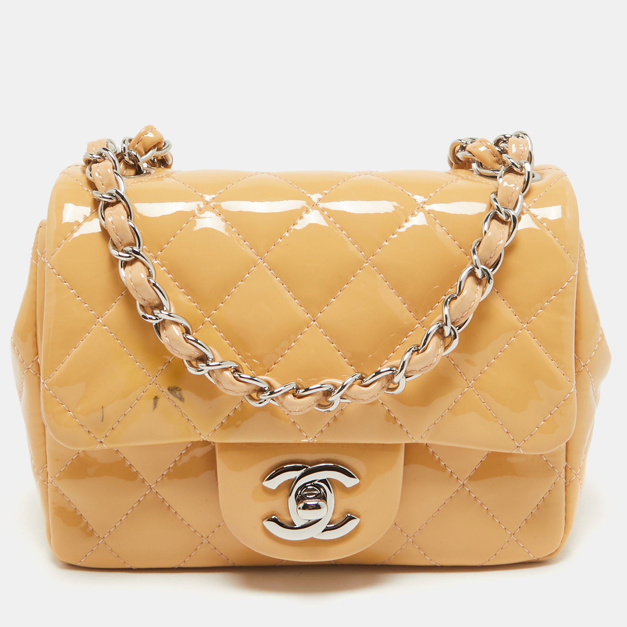 2613 Chanel Beige Quilted Patent Leather Mini Square Classic Flap Bag