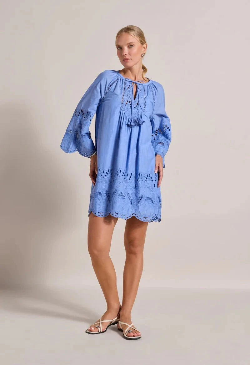 SCARLETT POPPIES Flamingo Oasis Embroidered Short Dress Milky Blue