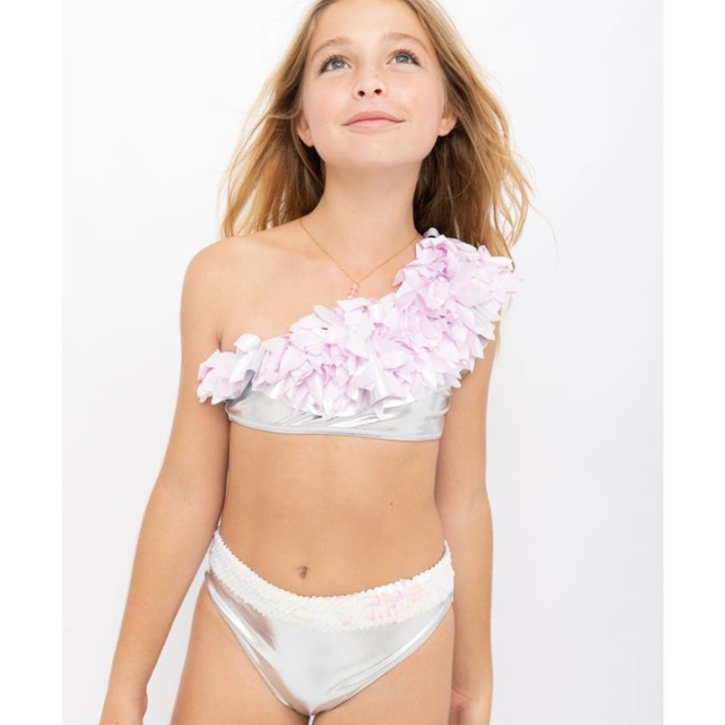 STELLA COVE Silver One Shoulder Bikini with Light Pink Metallic Petals and Iridescent Sequins
