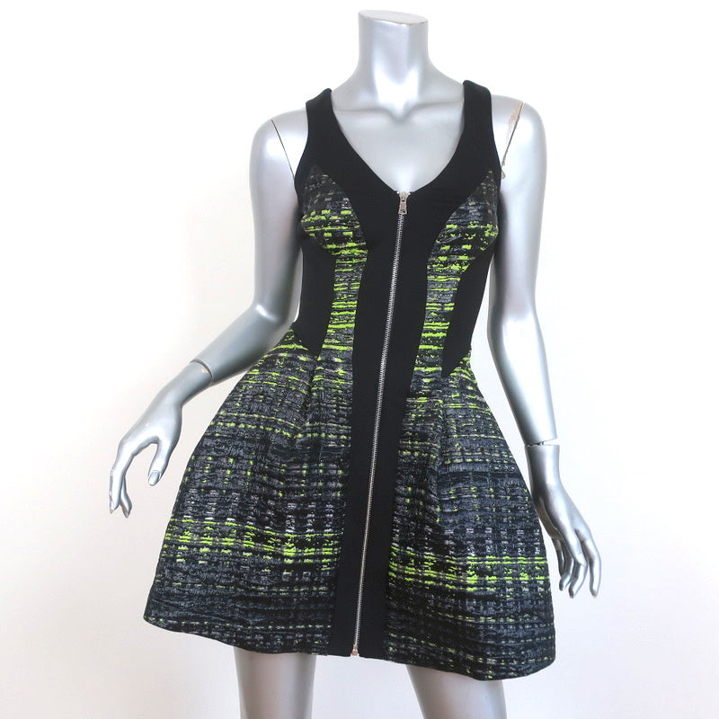 ALEX MOUER Robert Rodriguez Zip Front Mini Dress Black Green Jacquard Size 0