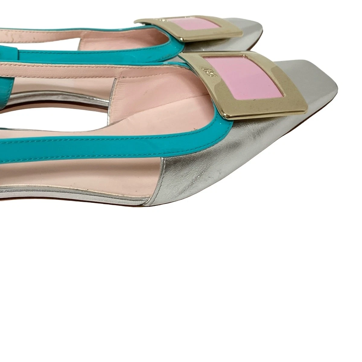 Auth Roger Vivier   Emerald Green Light Pink Multi Patent Leather Leather