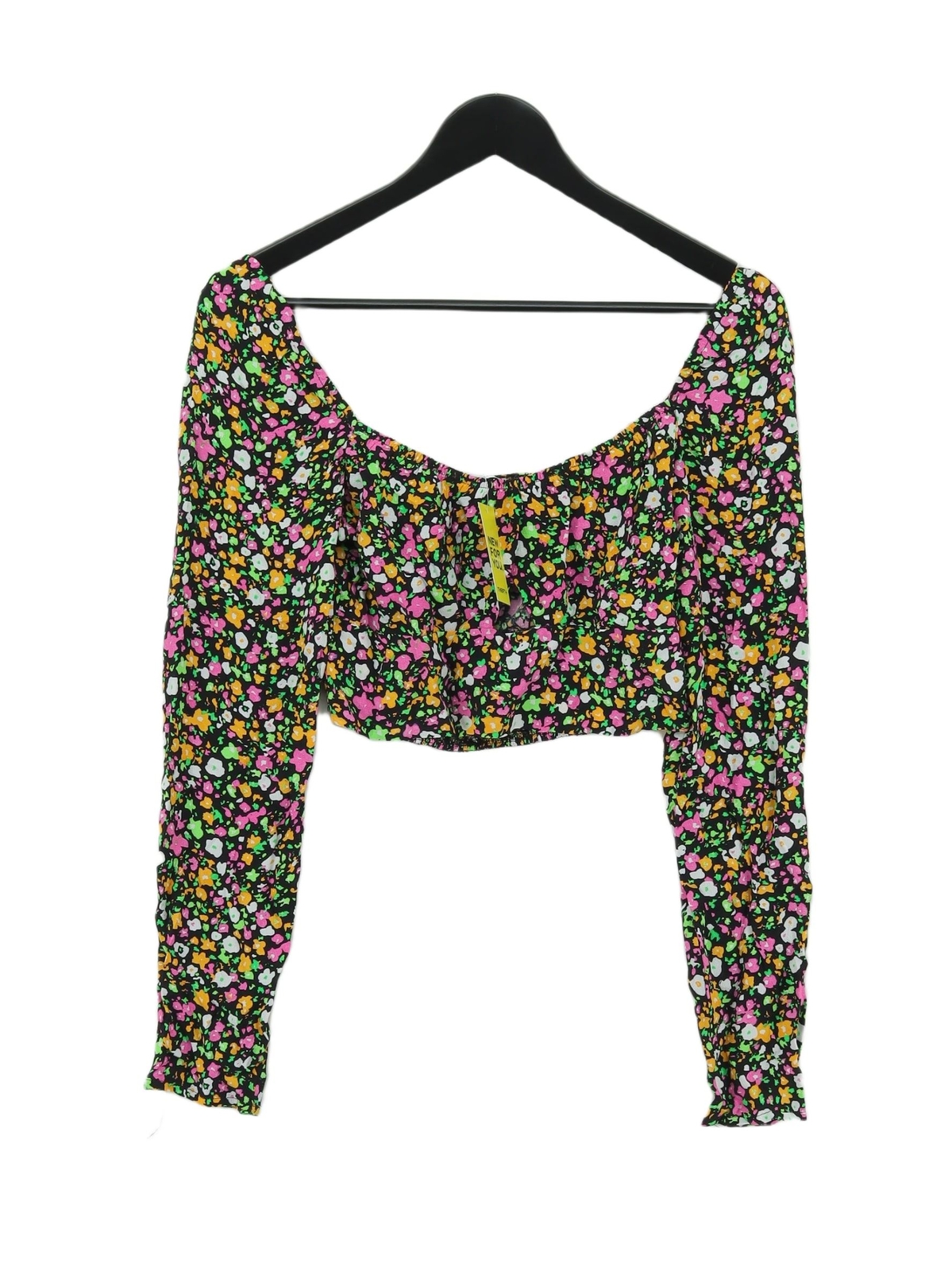 Bershka Women's Top S Black Floral 100% Viscose Long Sleeve Round Neck Cropped